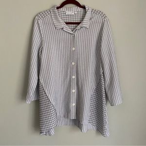 Habitat White & Gray Stripe Seersucker Crinkle Artsy Boho Lagenlook Top Medium
